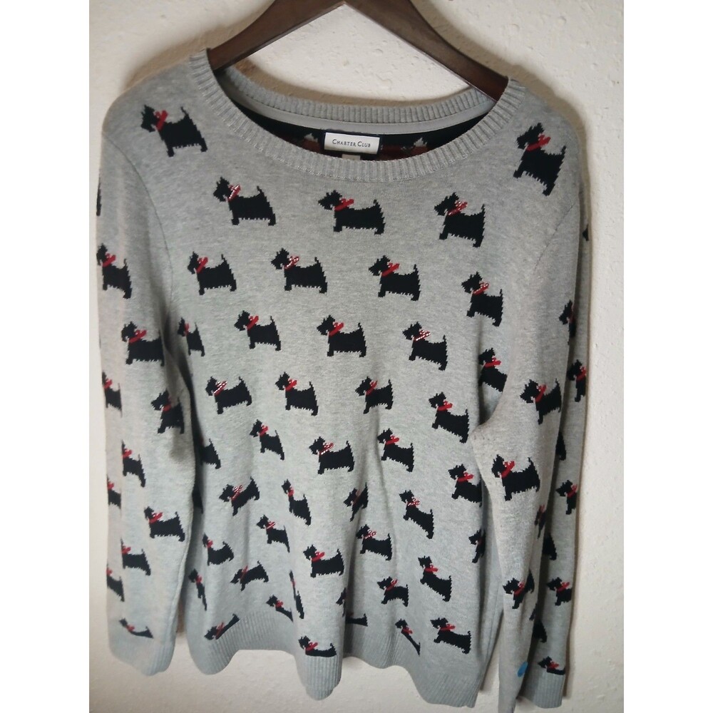 Bling Bows Women's CHARTER CLUB Gray Scottie Dog Pullover Sweater Size XXL / 2XL